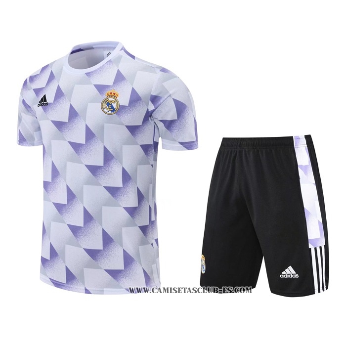 Chandal del Real Madrid 2223 Manga Corta Blanco y Purpura Pantalon
